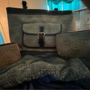 Dooney & Bourke Black and Cream Logo Bag with wallet and cosmetic bag